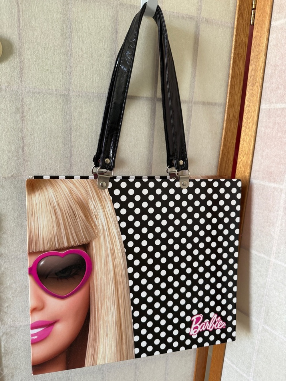 Barbie Black & White Polka Dot Tote/File Holder with Pink Logo & Sunglass Accent